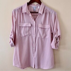 H&M| Lightweight Flowy Pretty Pink‎ Button-Up Blouse Top w/Roll Up Sleeves Sz 10